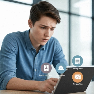 Person looking concerned at a tablet, with blurred icons representing account lockouts and privacy leaks, illustrating risks of temporary email usage, no text, no words, no typography, clean image