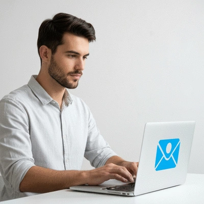 Person using a laptop with a secure email icon on screen, symbolizing legal and safe use of temporary emails, no text, no words, no typography, clean image