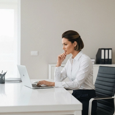 Person using a laptop in a bright home office, focusing on privacy and security