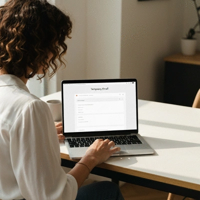 Person using a temporary email service on a laptop, with a clean interface showing a temporary inbox, no text, no words, no typography, 8K