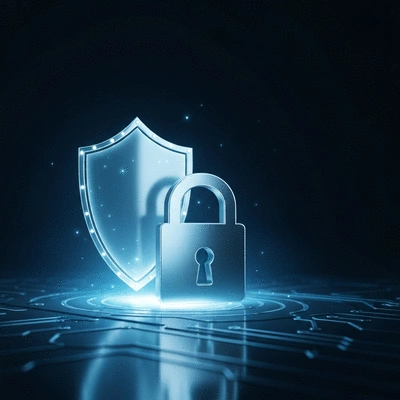 Conceptual image of digital security with a shield and a lock on a digital interface