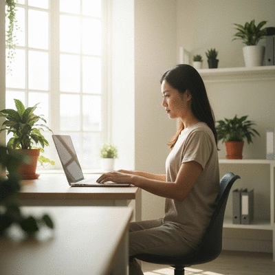 Person using a laptop in a bright home office