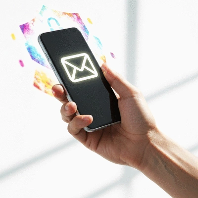 Person's hand holding a smartphone displaying an email icon, surrounded by abstract digital privacy elements
