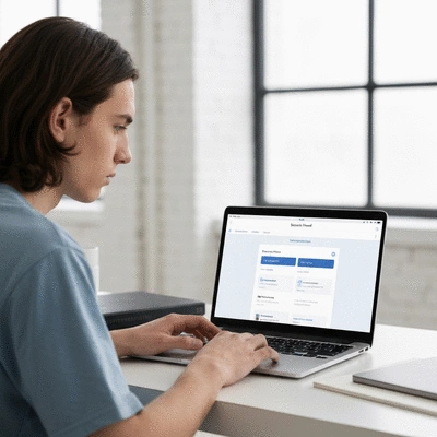 Person using a laptop with a secure email interface on screen, representing privacy and data protection