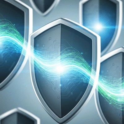 Abstract representation of data privacy and security with interlocking digital shields, clean image