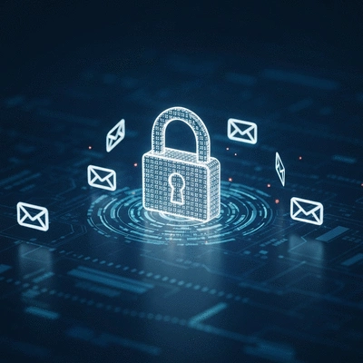 Cybersecurity concept showing digital lock and email icons