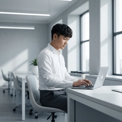 Person using a laptop in a bright modern office for secure digital communication