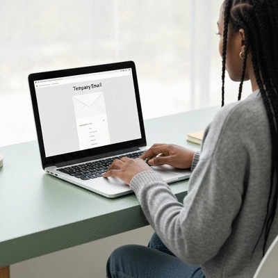 Person using a laptop with a temporary email interface on screen, representing privacy and efficiency
