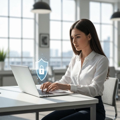 Person using a laptop with a shield icon overlay representing digital privacy