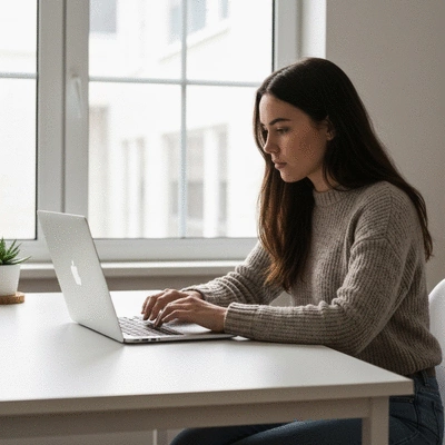 Person using a temporary email service on a laptop to sign up for a website, clean desk, natural lighting, no text, no words, no typography, 8K