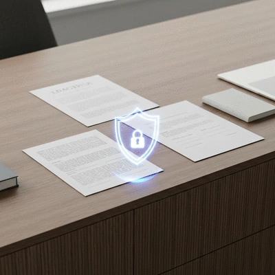 Legal documents and a digital shield on a desk