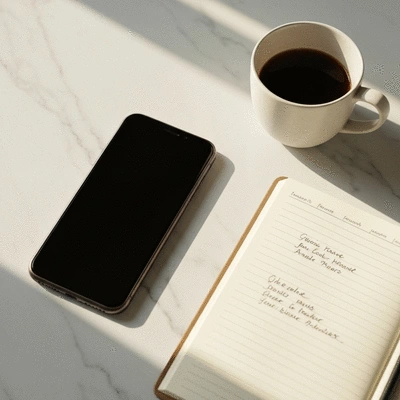 Clean organized digital workspace showing a smartphone and a notebook with professional lighting