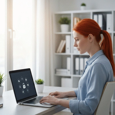Person using laptop in a clean workspace focused on digital privacy