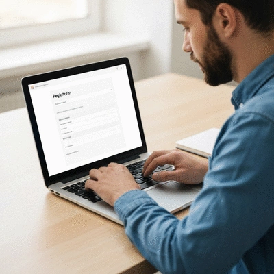 Person using a laptop to sign up for a service with a clean workspace