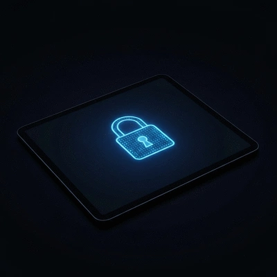 Close up of a tablet screen showing a secure padlock icon and digital data protection concept